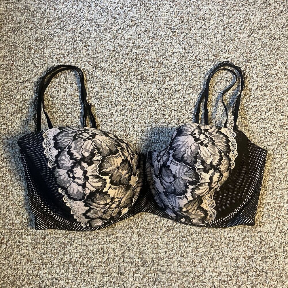 Cacique Lightly Lined Multi-Way Strapless Bra Size 44H Black Lace Floral Sexy
